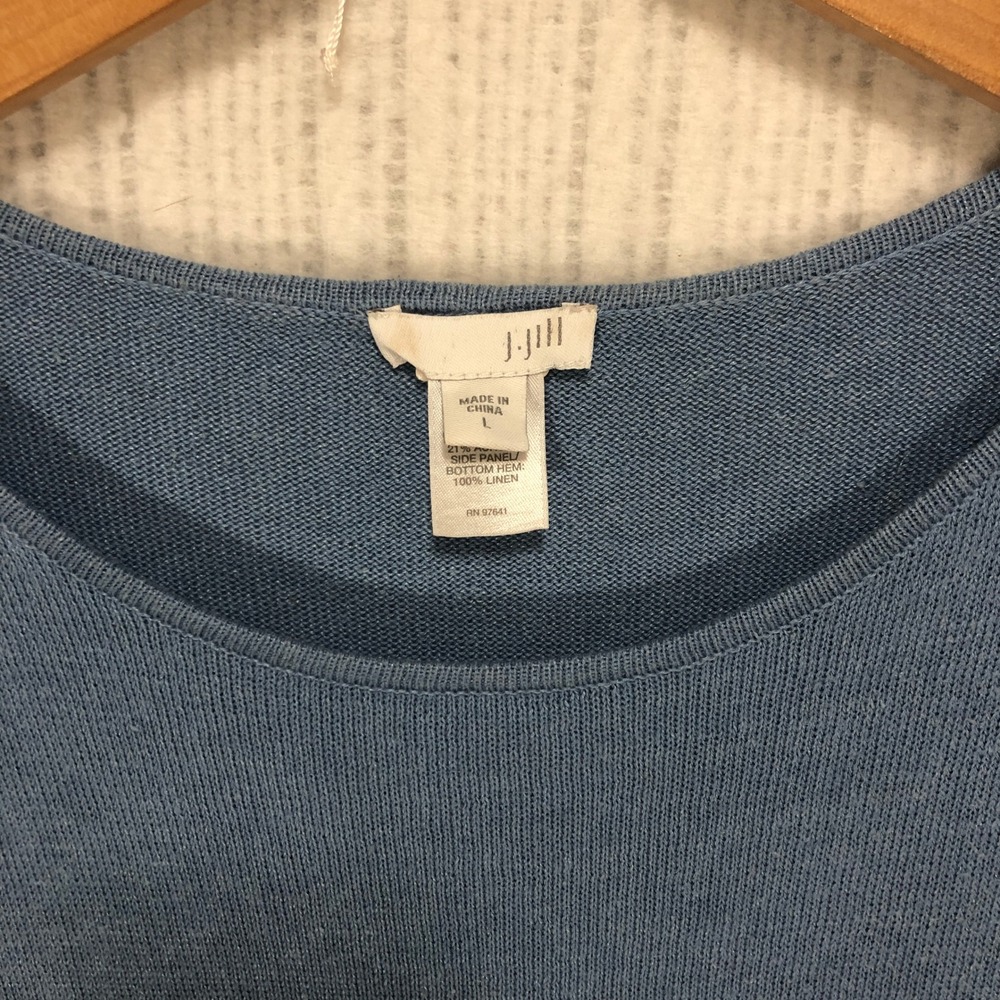 J. Jill Blue Knit 3/4 Sleeve Sweater White Linen Layered Hem Top Large - Picture 4 of 8